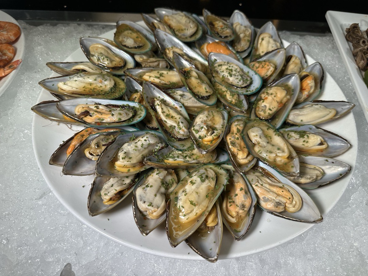 A platter of green-lipped mussels on the half shell