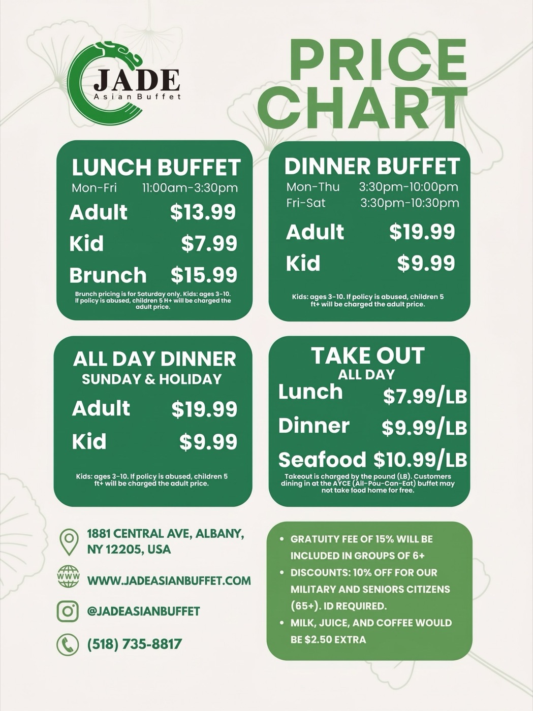 Jade Asian Buffet price chart listing lunch, dinner, Sunday and take-out prices